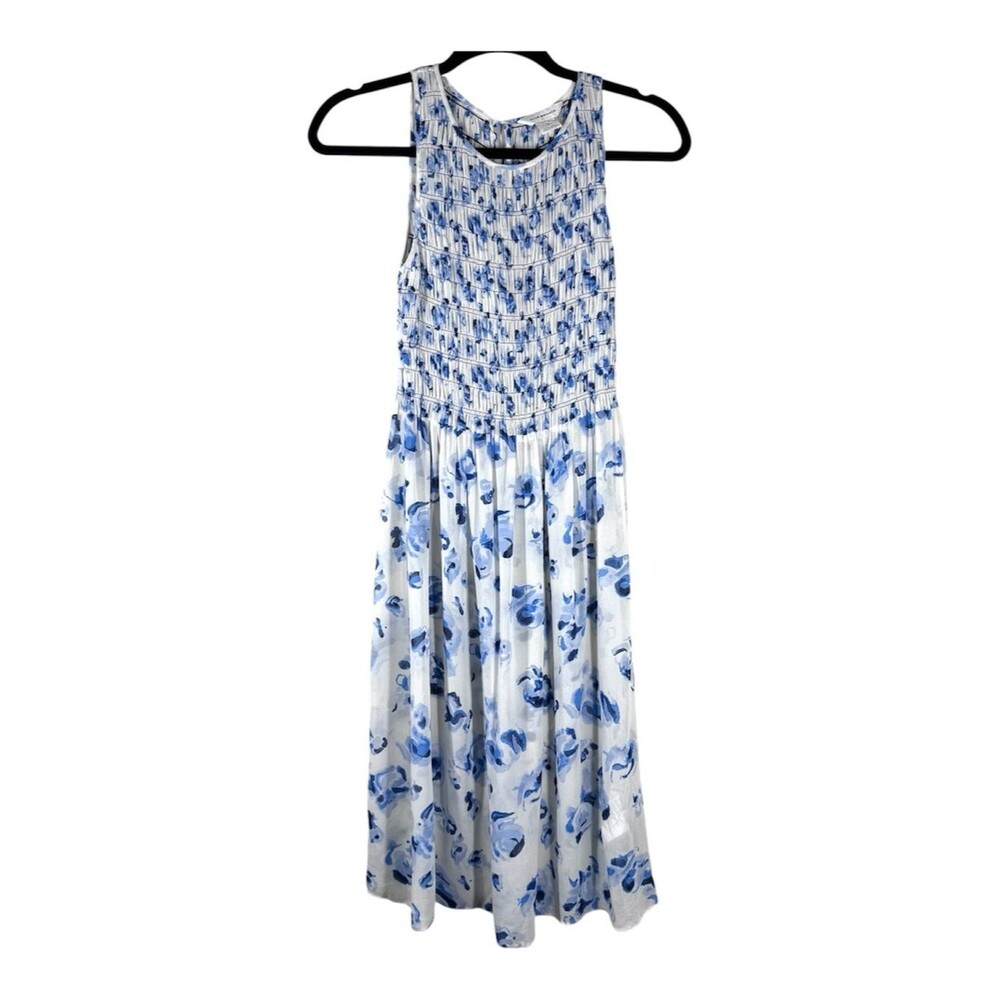 Club Monaco 100% Silk Feleenie Midi Dress Blue Floral Smocked A Line Size 2
